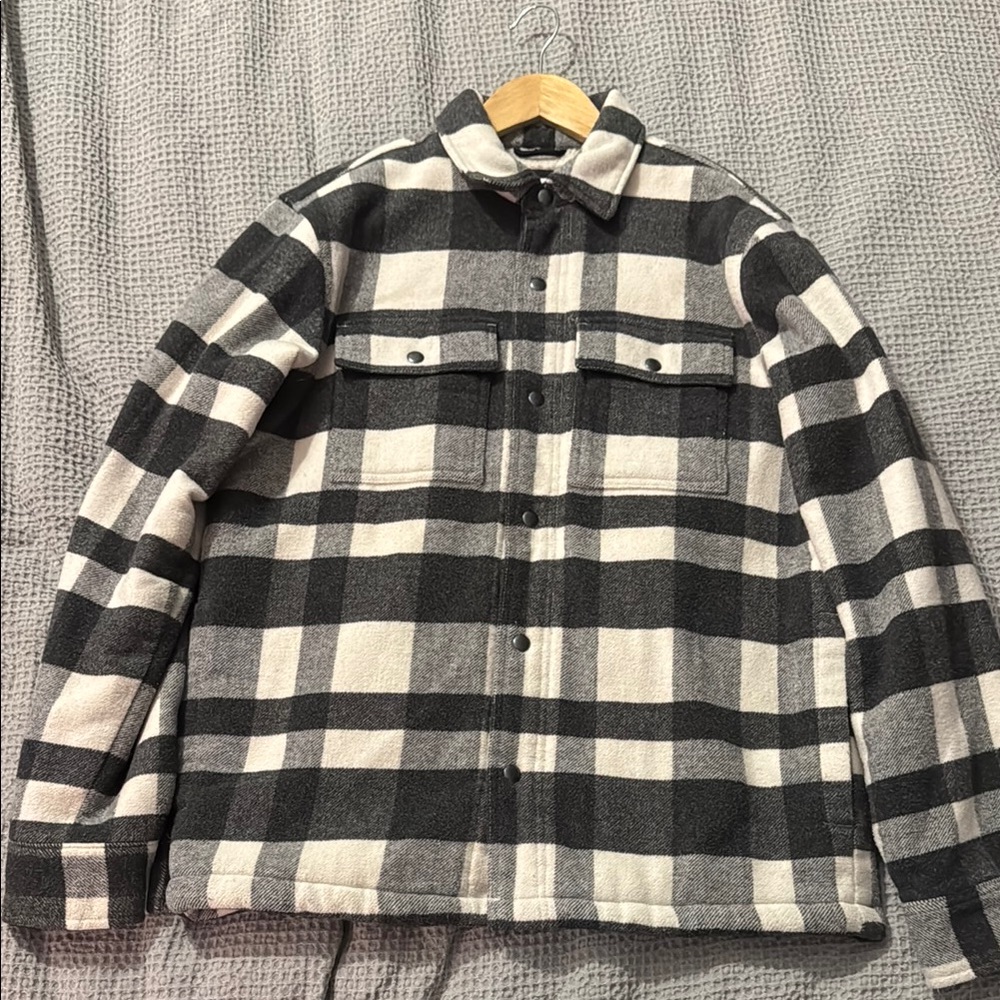 Black and White Pea Coat with Plaid Pattern